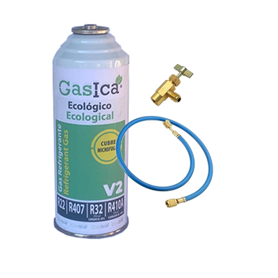 1 Gasflasche V2 226Gr + Ventil + Alternativer Schlauch R22, R32, R407C, R410A Freeze Organic