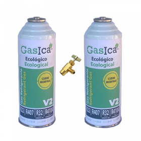 2 Botellas Gas Gasica V2 226Gr + Valvula Alternativo R22, R32, R407C, R410A Freeze Organico