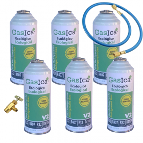 6 Botellas Gas Gasica V2 226Gr + Valvula + Manguera Alternativo R22, R32, R407C, R410A Freeze