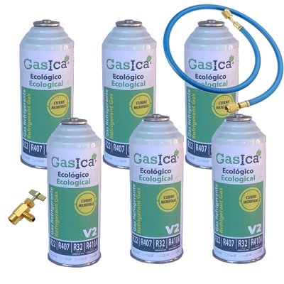 6 Bouteilles De Gaz V2 226Gr + Vanne + Tuyau Alternatif R22, R32, R407C, R410A Freeze
