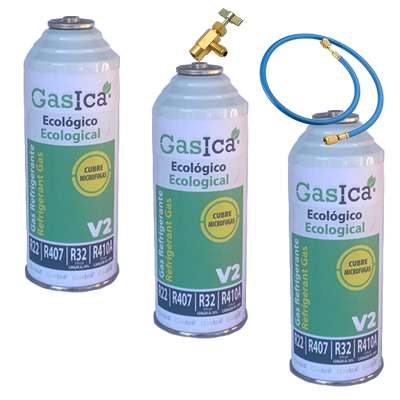 3 flessen Gasica V2 226Gr gas + ventiel + slang alternatief R22, R32, R407C, R410A Freeze