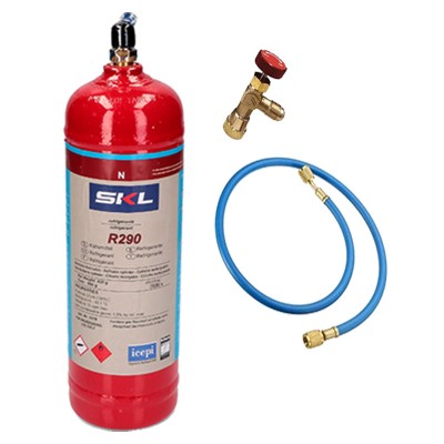 1 Botella Gas Refrigerante R290 + Manguera + Valvula 370Gr Propano Freeze Organico