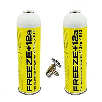 2 Botellas Gas Refrigerante Freeze +12a 420Gr + Valvula Organico Sustituto R12, R134A
