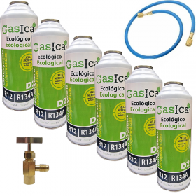 6 Botellas Gas Ecologico Gasica D2 226g + Valvula + Manguera Sustituto R12, R134A Freeze Organico