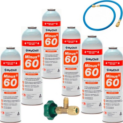 6 Bouteilles De Gaz Moins 60 350Gr + Valve + Succédané De Tuyau R32, R410A Freeze Organic