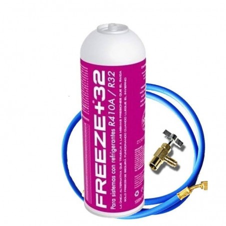1 Botella Gas Refrigerante Freeze Organico +32 350Gr + Valvula + Manguera Alternativa R32, R410A