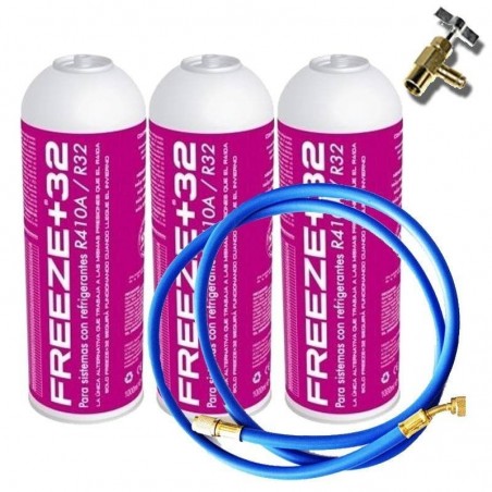 3 Botellas Gas Refrigerante Freeze Organico +R32 350Gr + Valvula + Manguera Sustituto R32, R410A