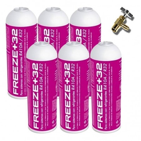 6 Botellas Gas Ecologico Refrigerante Freeze Organico +32 350Gr + Valvula Sustituto R32, R410A