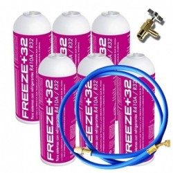 6 Botellas Gas Refrigerante Freeze Organico +R32 350Gr + Valvula + Manguera Sustituto R32, R410A