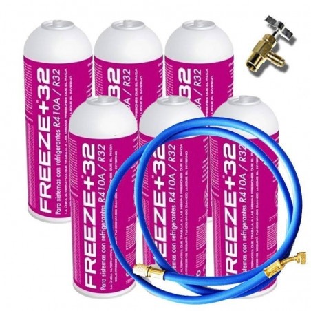 6 Botellas Gas Refrigerante Freeze Organico +R32 350Gr + Valvula + Manguera Sustituto R32, R410A