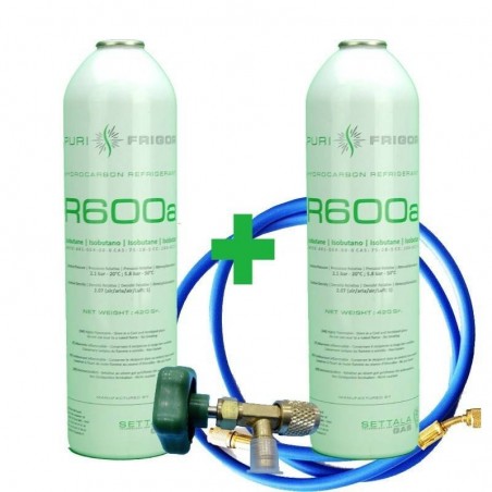 2 Bottles Of R600A Refrigerant Gas + Hose + 420Gr Isobutane Freeze Valve