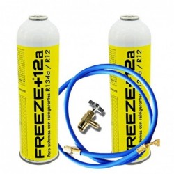 2 Botellas Gas Refrigerante Freeze +12a 420Gr + Valvula + Manguera Organico Alternativo R12, R134A