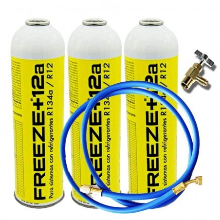 3 Botellas Gas Refrigerante Freeze +12a 420Gr + Valvula + Manguera Organico Alternativo R12, R134A