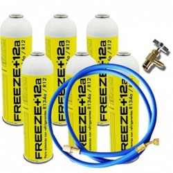 6 Botellas Gas Refrigerante Freeze +12a 420Gr + Valvula + Manguera Organico Alternativo R12, R134A