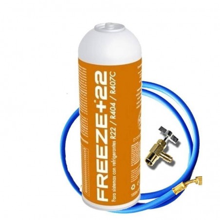 1 Botella Gas Refrigerante Freeze +22 400Gr + Valvula + Manguera Alternativo R22, R404, R407C
