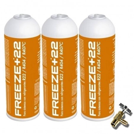 3 Botellas Gas Refrigerante Freeze +22 400Gr + Valvula Alternativo R22, R404, R407C