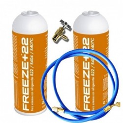 2 Botellas Gas Refrigerante Freeze +22 400Gr + Valvula + Manguera Alternativo R22, R404, R407C