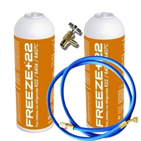 2 Botellas Gas Refrigerante Freeze +R22 400Gr + Valvula + Manguera Organico Sustituto R22, R404, R407C