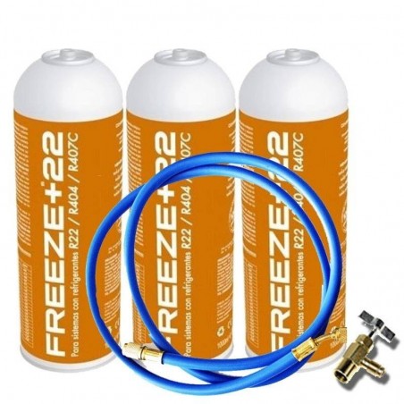 3 Botellas Gas Refrigerante Freeze +R22 400Gr + Valvula + Manguera Organico Sustituto R22, R404, R407C