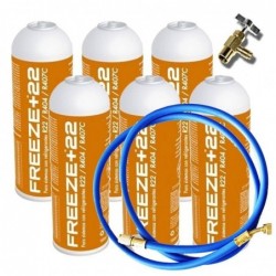 6 Bombole Di Gas Refrigerante Congelante +R22 400Gr + Valvola + Tubo Sostitutivo Organico R22, R404, R407C