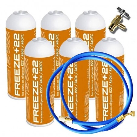 6 Botellas Gas Refrigerante Freeze +22 400Gr + Valvula + Manguera Alternativo R22, R404, R407C