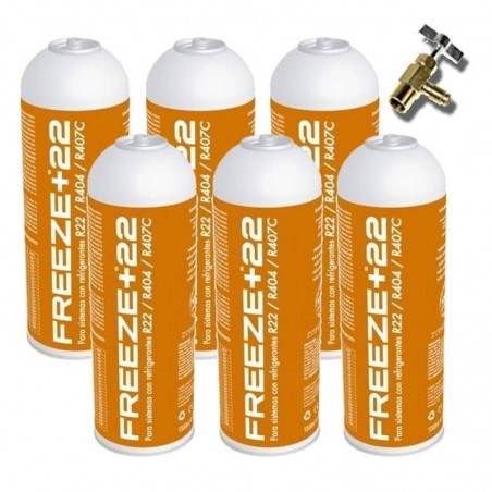6 Botellas Gas Refrigerante Freeze +22 400Gr + Valvula Alternativo R22, R404, R407C