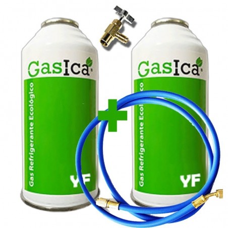 2 Botellas Gas Ecologico Gasica YF 171gr + Valvula + Manguera Sustituto R1234YF Organico